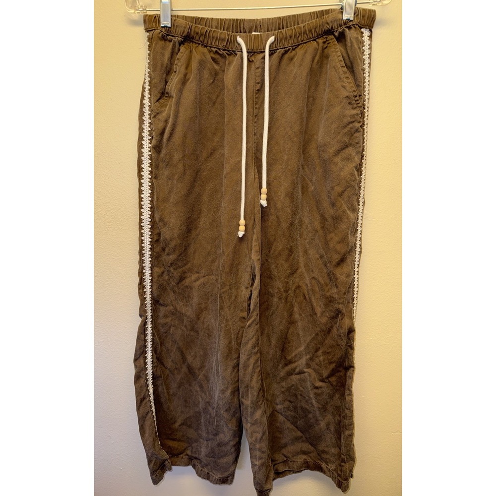Calypso St Barth Brown Wide Leg Pant Lace Trim Pull On Drawstring Medium Pockets